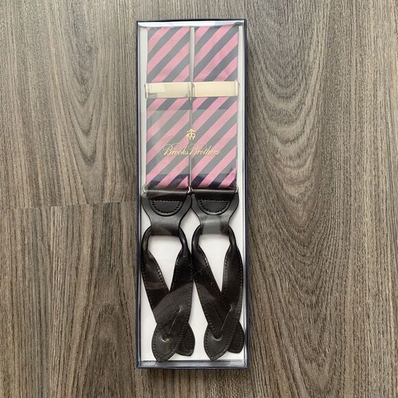 Brooks Brothers Suspenders Braces Pink/Navy Striped‎  Adjustable Y Back Leather - Picture 1 of 5